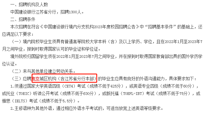 　　而大部分分行，如江蘇省分行只對省會城市及省分行本部的招聘崗位做出了英語條件的限制。